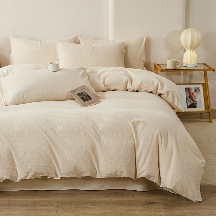 91家纺网 家纺一手货源 找家纺 九沐良品 2025新款全棉色织水洗棉四件套 细条纹-米色