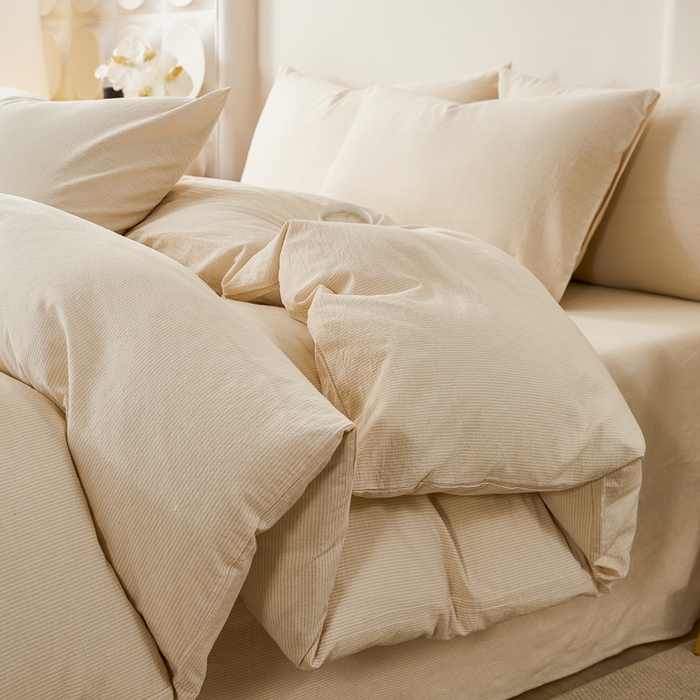 91家纺网 家纺一手货源 找家纺 九沐良品 2025新款全棉色织水洗棉四件套 细条纹-米色