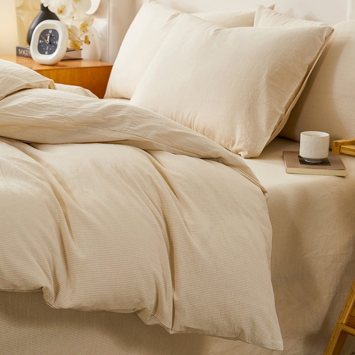 91家纺网 家纺一手货源 找家纺 九沐良品 2025新款全棉色织水洗棉四件套 细条纹-米色