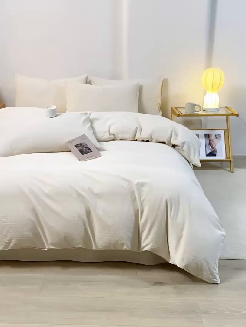 91家纺网 家纺一手货源 找家纺 九沐良品 2025新款全棉色织水洗棉四件套 细条纹-米色