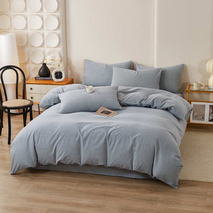 91家纺网 家纺一手货源 找家纺 润肤居 2025新款全棉色织水洗棉系列四件套 巴厘岛-蓝