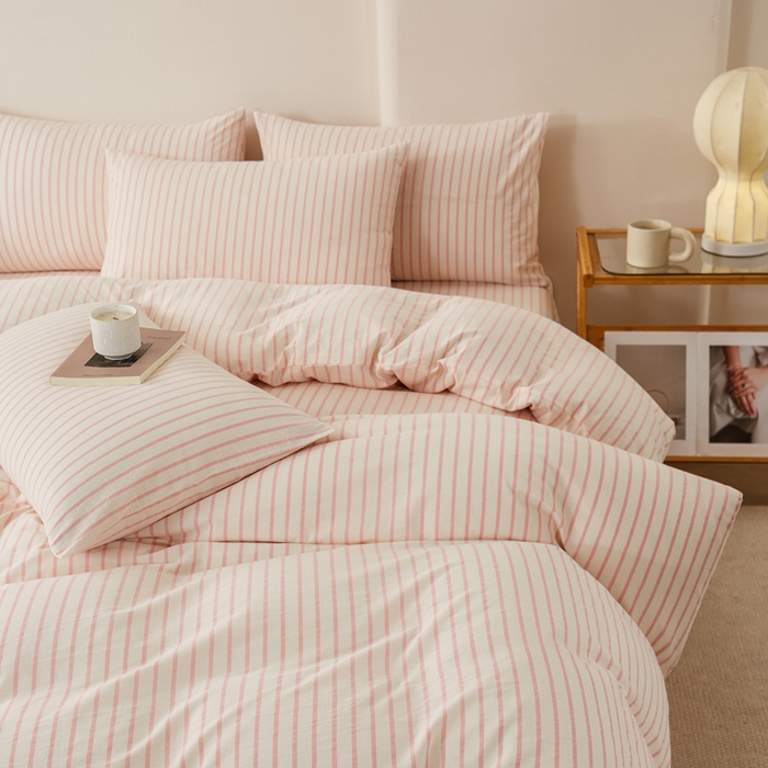 91家纺网 家纺一手货源 找家纺 润肤居 2025新款全棉色织水洗棉系列四件套 青春-粉