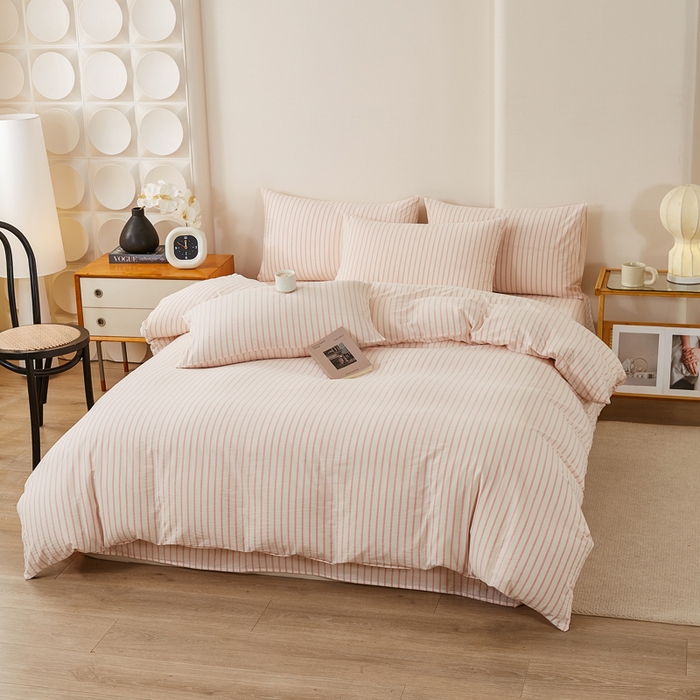 91家纺网 家纺一手货源 找家纺 润肤居 2025新款全棉色织水洗棉系列四件套 青春-粉