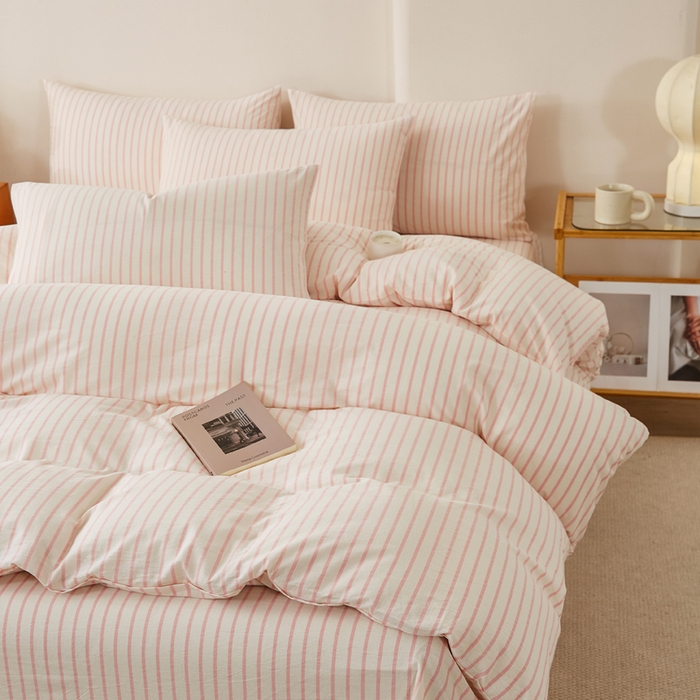 91家纺网 家纺一手货源 找家纺 润肤居 2025新款全棉色织水洗棉系列四件套 青春-粉