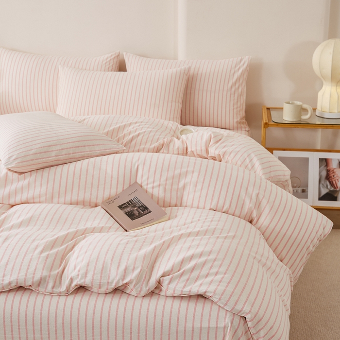 91家纺网 家纺一手货源 找家纺 润肤居 2025新款全棉色织水洗棉系列四件套 青春-粉