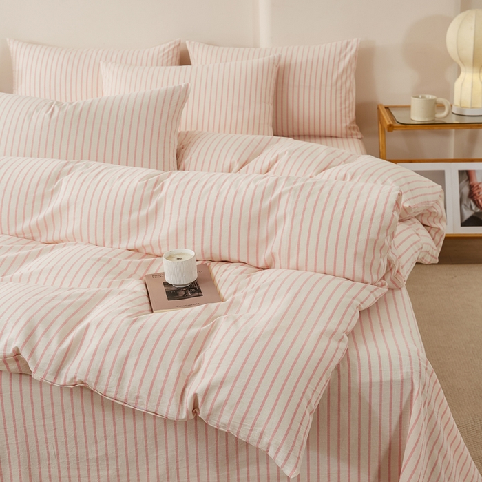 91家纺网 家纺一手货源 找家纺 润肤居 2025新款全棉色织水洗棉系列四件套 青春-粉