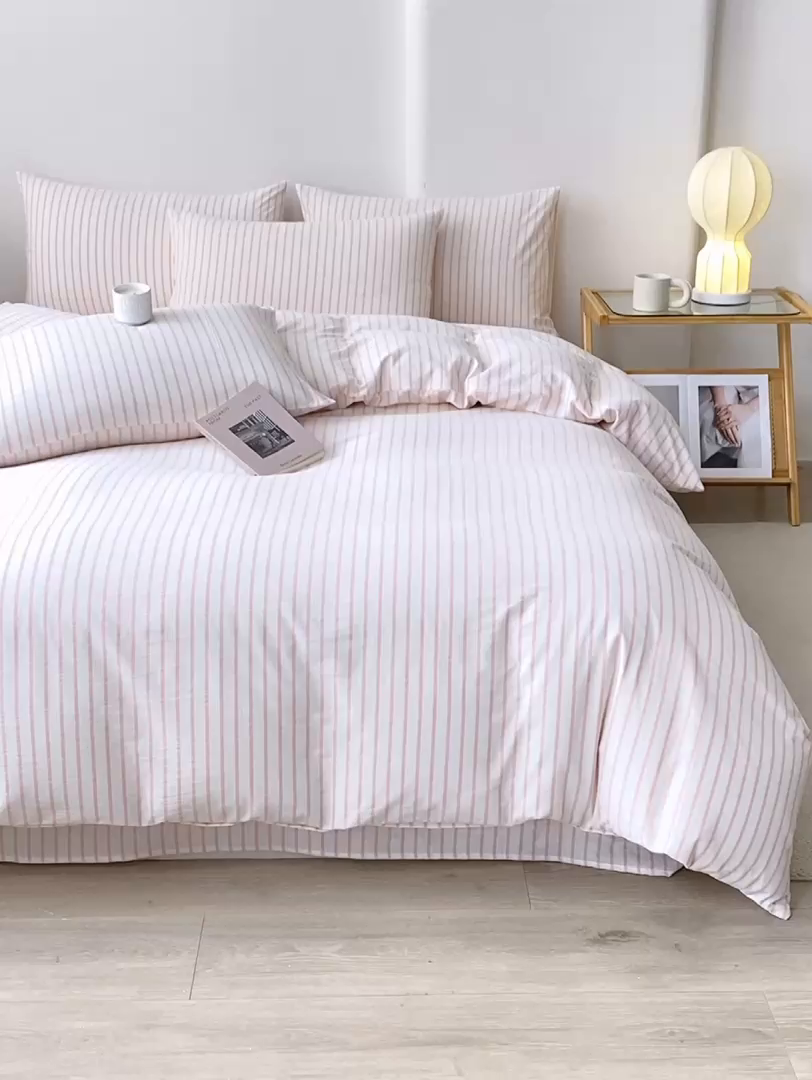 91家纺网 家纺一手货源 找家纺 润肤居 2025新款全棉色织水洗棉系列四件套 青春-粉