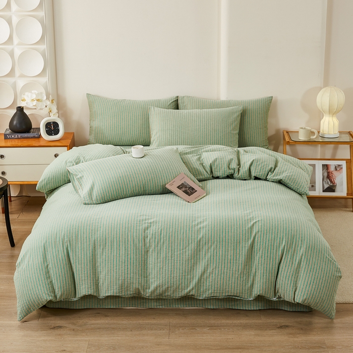 91家纺网 家纺一手货源 找家纺 润肤居 2025新款全棉色织水洗棉系列四件套 维克多绿