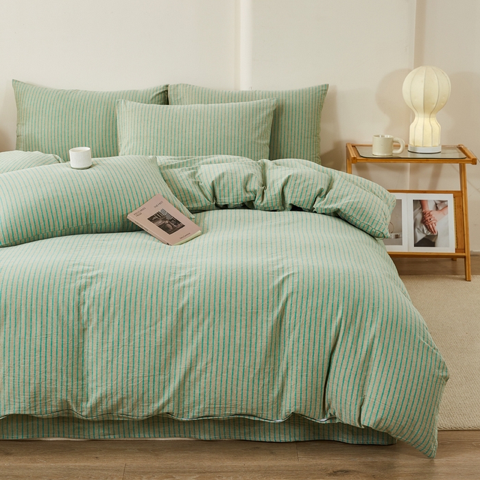 91家纺网 家纺一手货源 找家纺 润肤居 2025新款全棉色织水洗棉系列四件套 维克多绿