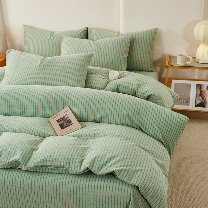 91家纺网 家纺一手货源 找家纺 润肤居 2025新款全棉色织水洗棉系列四件套 维克多绿