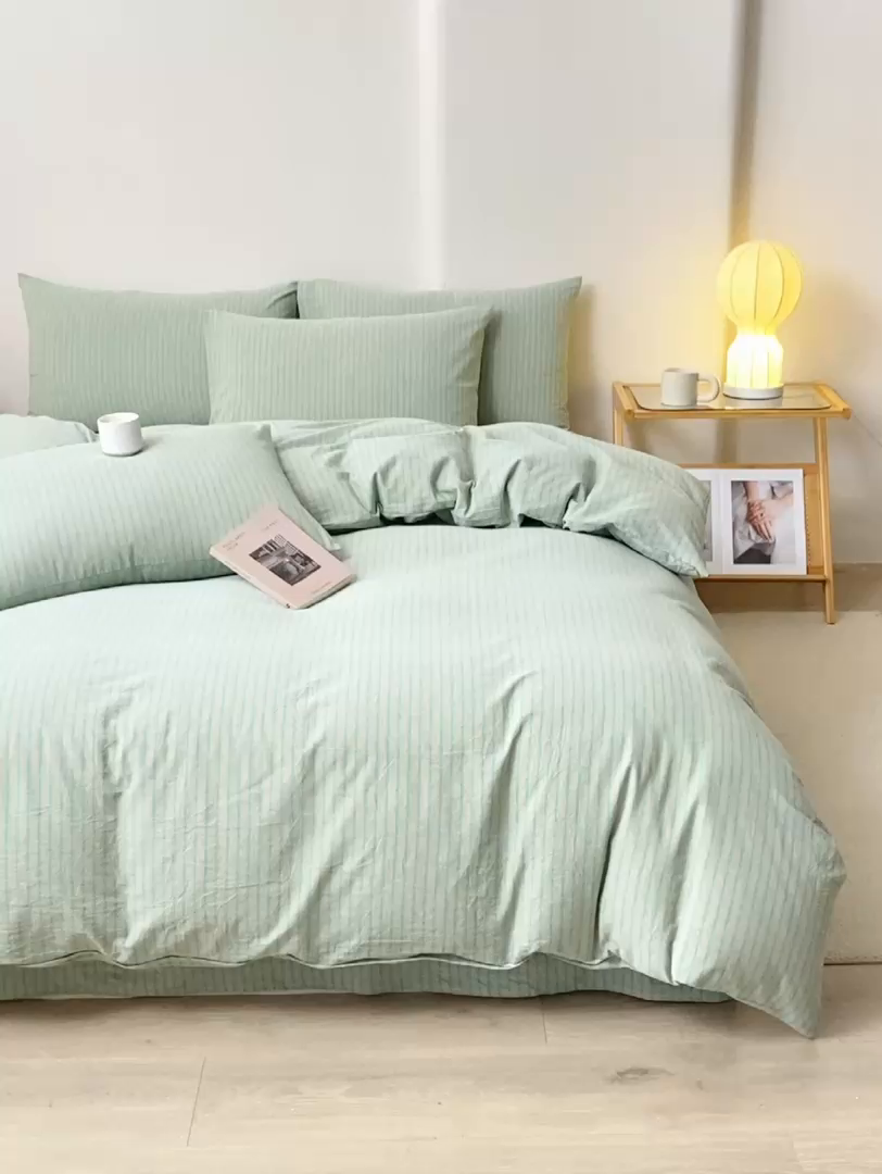 91家纺网 家纺一手货源 找家纺 润肤居 2025新款全棉色织水洗棉系列四件套 维克多绿