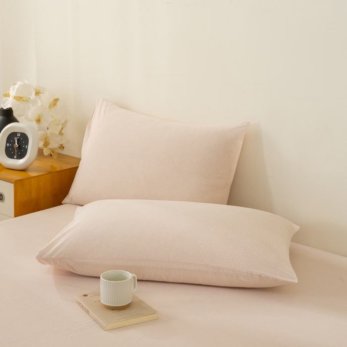 91家纺网 家纺一手货源 找家纺 润肤居 2025新款全棉色织水洗棉系列四件套 细条纹-豆沙