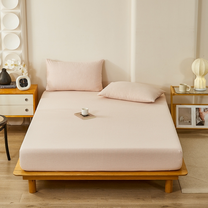 91家纺网 家纺一手货源 找家纺 润肤居 2025新款全棉色织水洗棉系列四件套 细条纹-豆沙