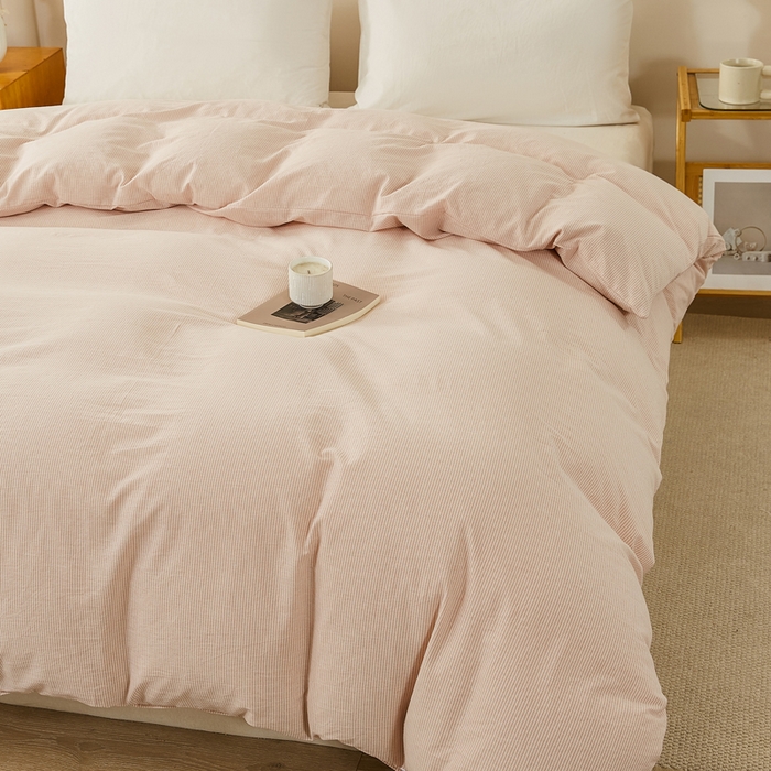 91家纺网 家纺一手货源 找家纺 润肤居 2025新款全棉色织水洗棉系列四件套 细条纹-豆沙