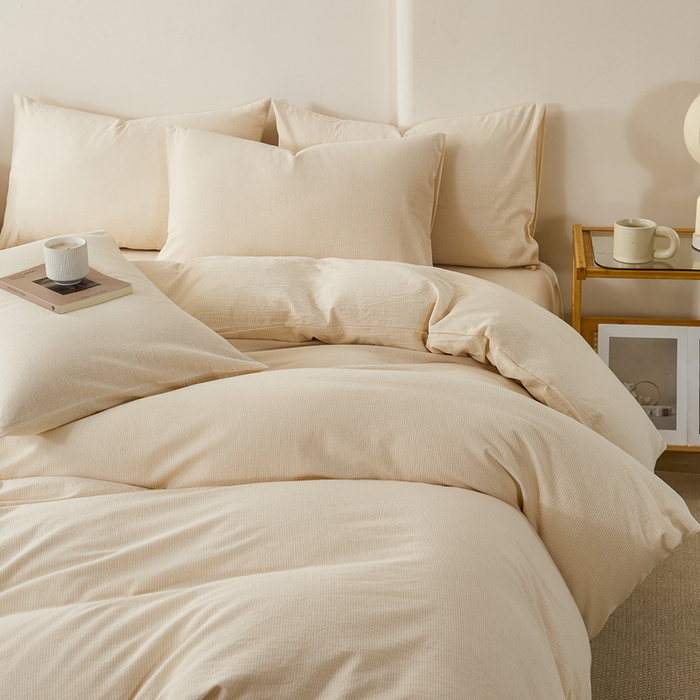 91家纺网 家纺一手货源 找家纺 润肤居 2025新款全棉色织水洗棉系列四件套 细条纹-米色