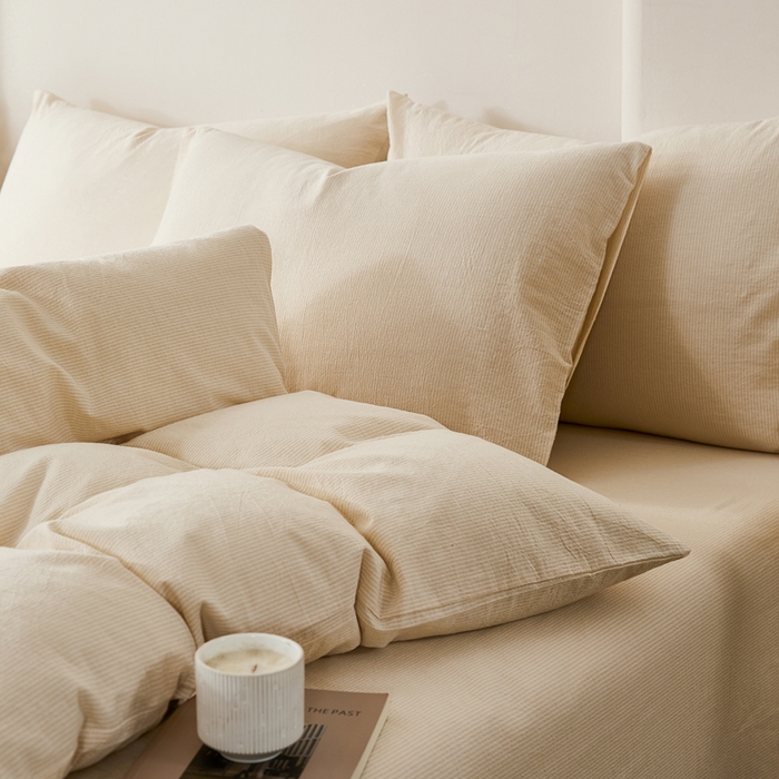 91家纺网 家纺一手货源 找家纺 润肤居 2025新款全棉色织水洗棉系列四件套 细条纹-米色