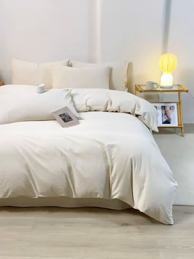 91家纺网 家纺一手货源 找家纺 润肤居 2025新款全棉色织水洗棉系列四件套 细条纹-米色