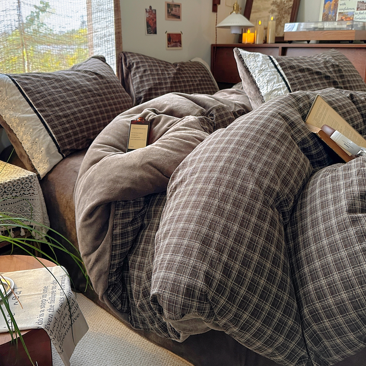 91家纺网 家纺一手货源 找家纺 （总）花漾家居 2025新款无印风格条全棉纯棉色织水洗棉拼牛奶绒套件学生宿舍被套三件套四件套