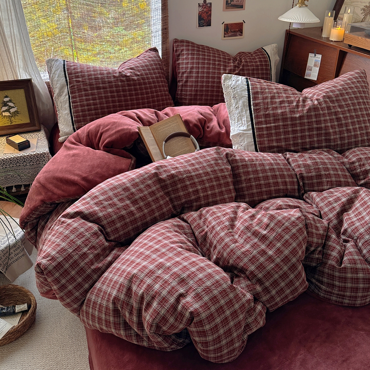 91家纺网 家纺一手货源 找家纺 花漾家居 2025新款无印风格条全棉纯棉色织水洗棉拼牛奶绒套件学生宿舍被套三件套四件套 北辰红