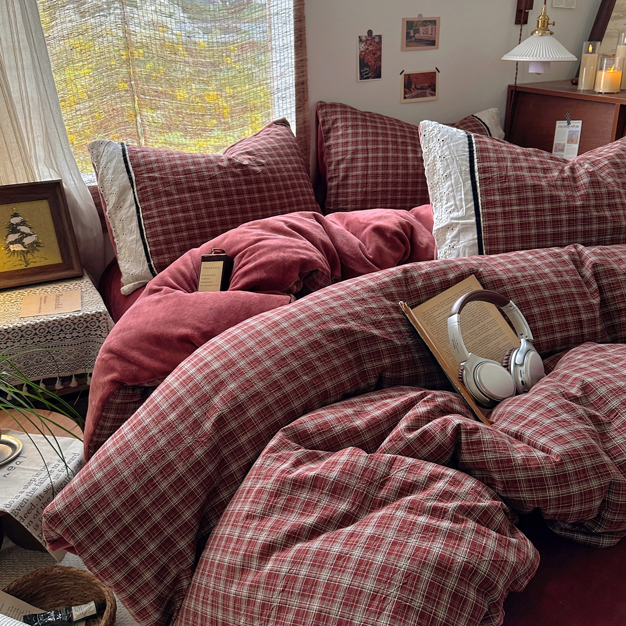 91家纺网 家纺一手货源 找家纺 花漾家居 2025新款无印风格条全棉纯棉色织水洗棉拼牛奶绒套件学生宿舍被套三件套四件套 北辰红