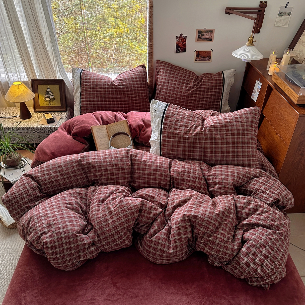 91家纺网 家纺一手货源 找家纺 花漾家居 2025新款无印风格条全棉纯棉色织水洗棉拼牛奶绒套件学生宿舍被套三件套四件套 北辰红