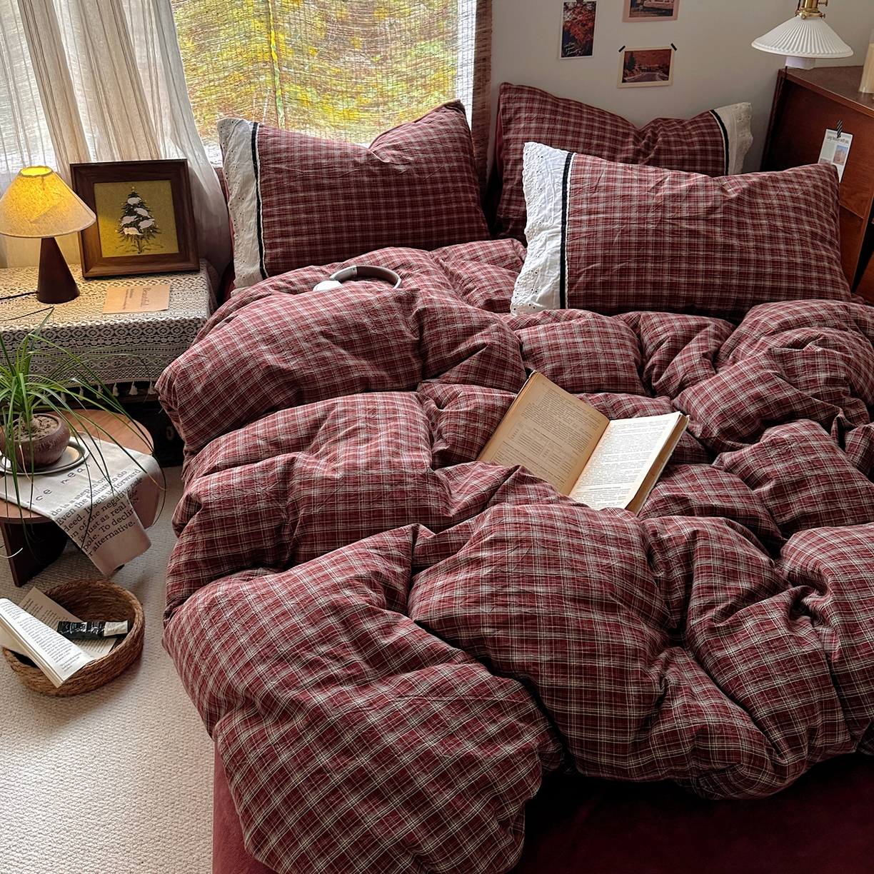 91家纺网 家纺一手货源 找家纺 花漾家居 2025新款无印风格条全棉纯棉色织水洗棉拼牛奶绒套件学生宿舍被套三件套四件套 北辰红