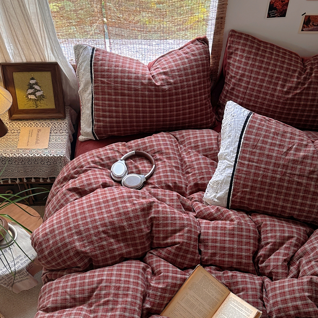 91家纺网 家纺一手货源 找家纺 花漾家居 2025新款无印风格条全棉纯棉色织水洗棉拼牛奶绒套件学生宿舍被套三件套四件套 北辰红