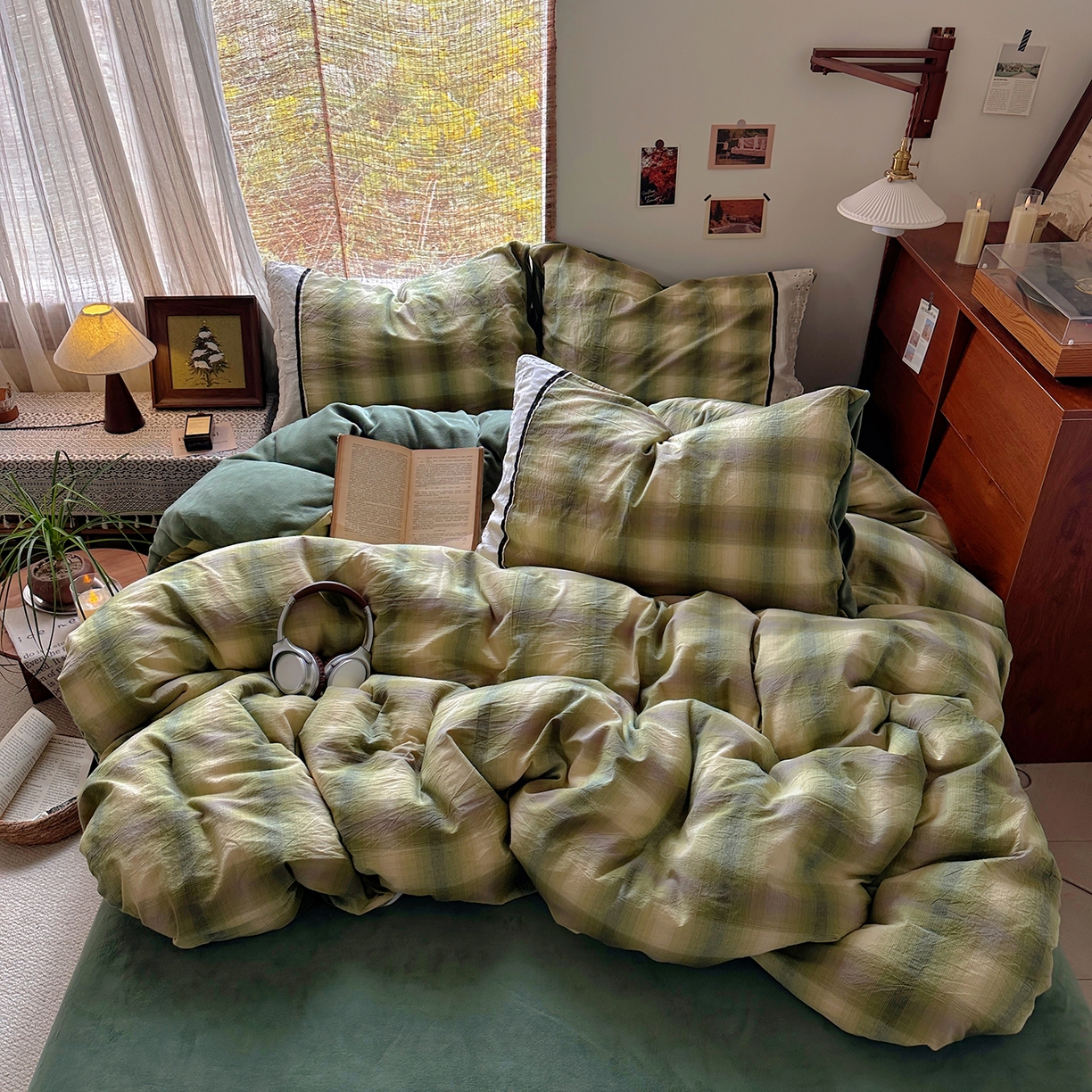 91家纺网 家纺一手货源 找家纺 花漾家居 2025新款无印风格条全棉纯棉色织水洗棉拼牛奶绒套件学生宿舍被套三件套四件套 莫奈绿