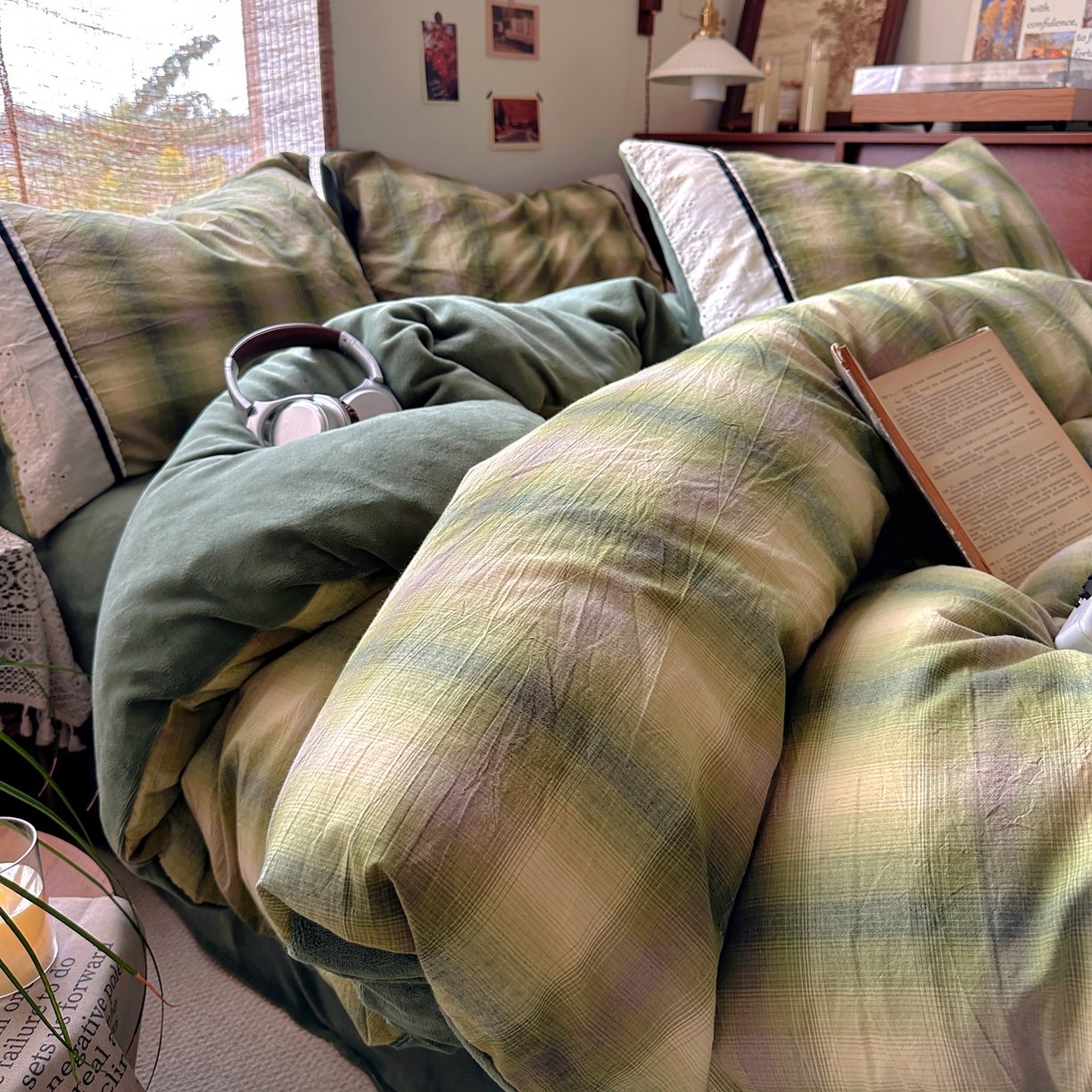 91家纺网 家纺一手货源 找家纺 花漾家居 2025新款无印风格条全棉纯棉色织水洗棉拼牛奶绒套件学生宿舍被套三件套四件套 莫奈绿