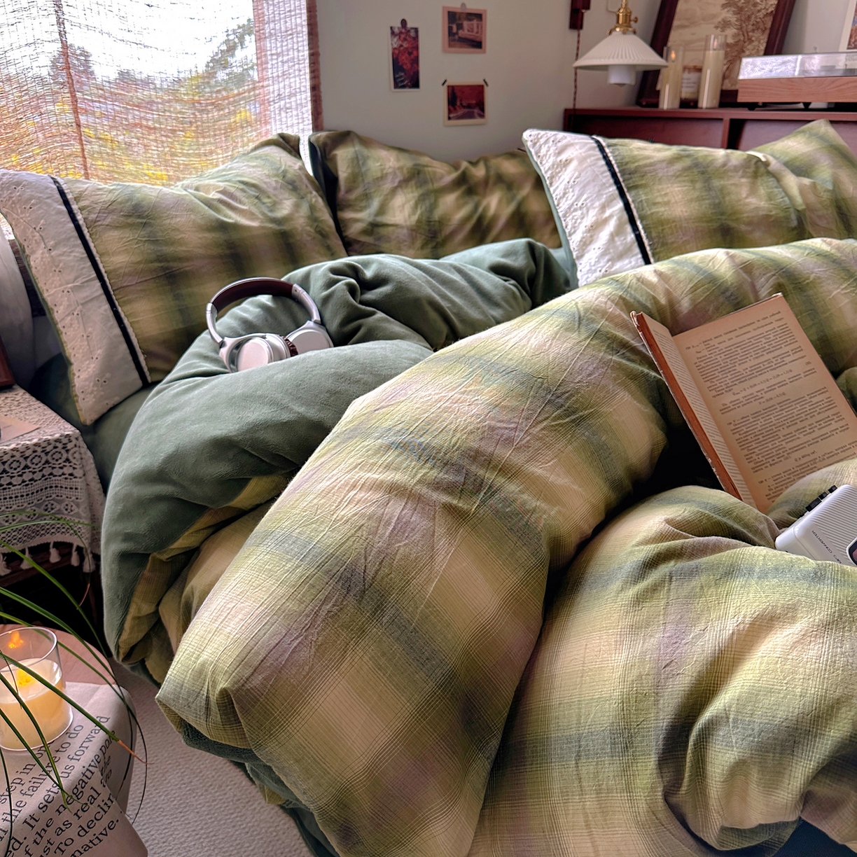 91家纺网 家纺一手货源 找家纺 花漾家居 2025新款无印风格条全棉纯棉色织水洗棉拼牛奶绒套件学生宿舍被套三件套四件套 莫奈绿