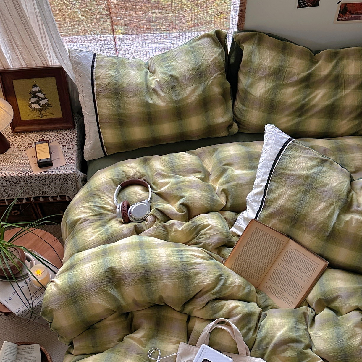 91家纺网 家纺一手货源 找家纺 花漾家居 2025新款无印风格条全棉纯棉色织水洗棉拼牛奶绒套件学生宿舍被套三件套四件套 莫奈绿