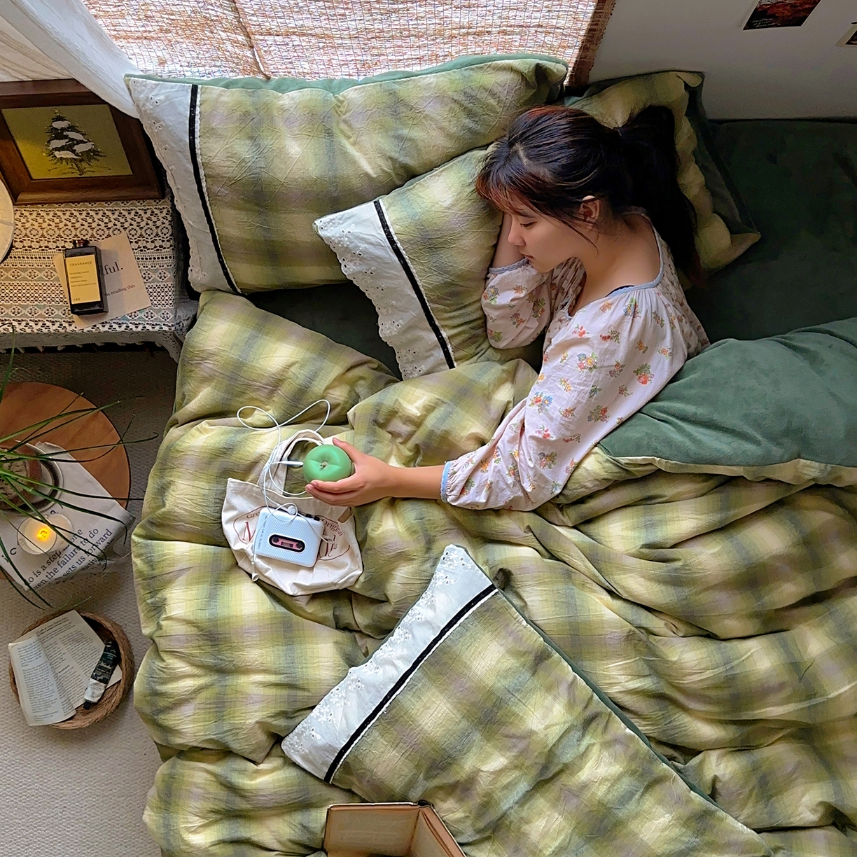 91家纺网 家纺一手货源 找家纺 花漾家居 2025新款无印风格条全棉纯棉色织水洗棉拼牛奶绒套件学生宿舍被套三件套四件套 莫奈绿