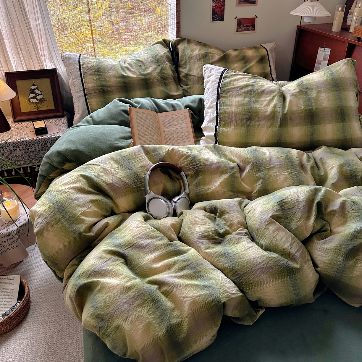 91家纺网 家纺一手货源 找家纺 花漾家居 2025新款无印风格条全棉纯棉色织水洗棉拼牛奶绒套件学生宿舍被套三件套四件套 莫奈绿