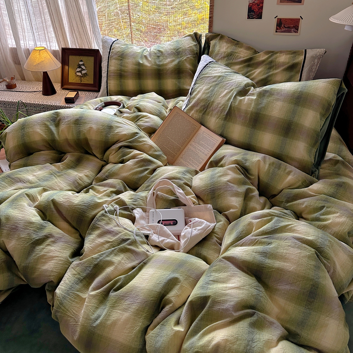 91家纺网 家纺一手货源 找家纺 花漾家居 2025新款无印风格条全棉纯棉色织水洗棉拼牛奶绒套件学生宿舍被套三件套四件套 莫奈绿