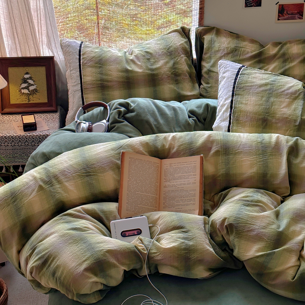 91家纺网 家纺一手货源 找家纺 花漾家居 2025新款无印风格条全棉纯棉色织水洗棉拼牛奶绒套件学生宿舍被套三件套四件套 莫奈绿