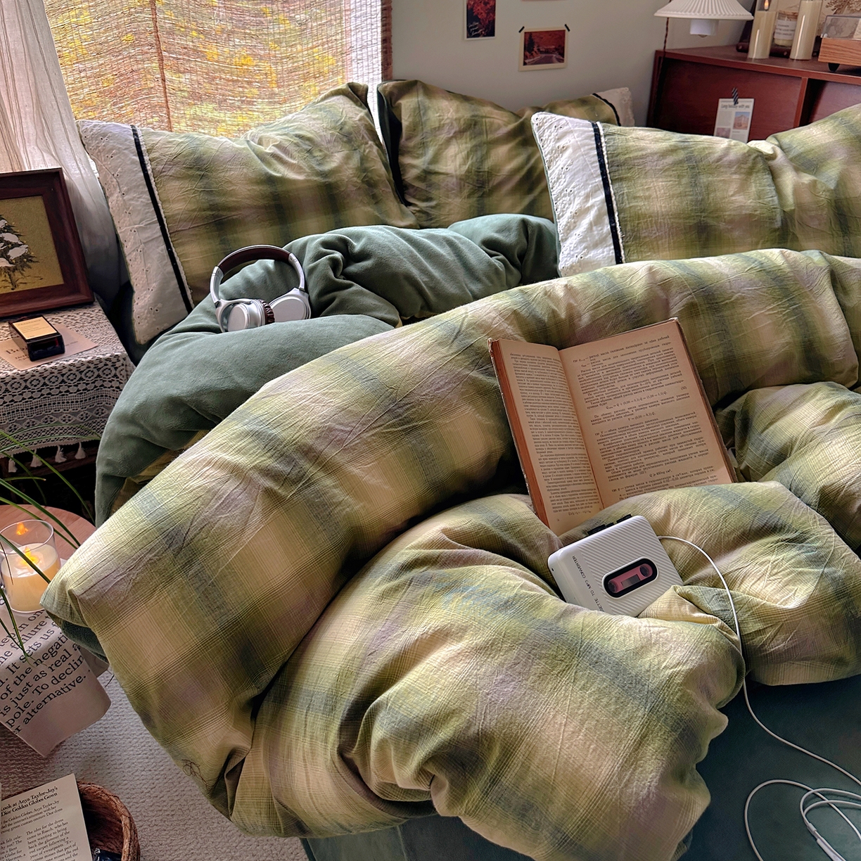 91家纺网 家纺一手货源 找家纺 花漾家居 2025新款无印风格条全棉纯棉色织水洗棉拼牛奶绒套件学生宿舍被套三件套四件套 莫奈绿