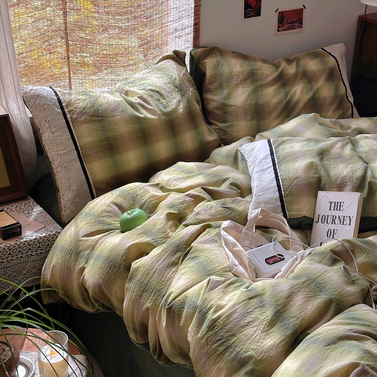 91家纺网 家纺一手货源 找家纺 花漾家居 2025新款无印风格条全棉纯棉色织水洗棉拼牛奶绒套件学生宿舍被套三件套四件套 莫奈绿