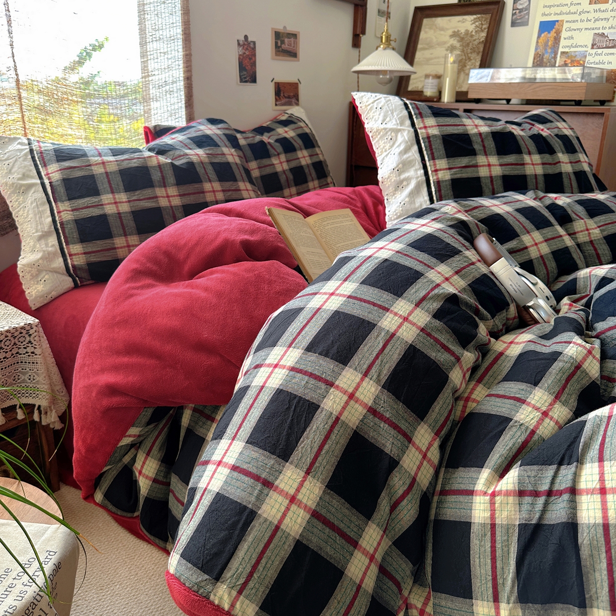 91家纺网 家纺一手货源 找家纺 花漾家居 2025新款无印风格条全棉纯棉色织水洗棉拼牛奶绒套件学生宿舍被套三件套四件套 木槿