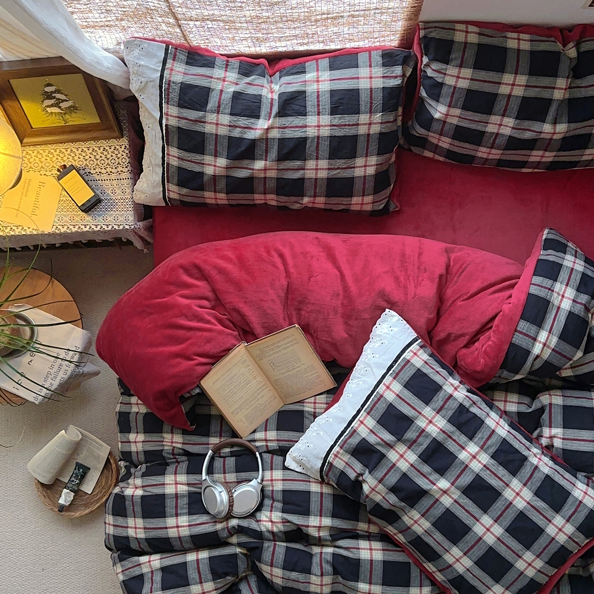 91家纺网 家纺一手货源 找家纺 花漾家居 2025新款无印风格条全棉纯棉色织水洗棉拼牛奶绒套件学生宿舍被套三件套四件套 木槿