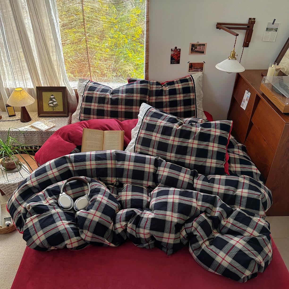 91家纺网 家纺一手货源 找家纺 花漾家居 2025新款无印风格条全棉纯棉色织水洗棉拼牛奶绒套件学生宿舍被套三件套四件套 木槿