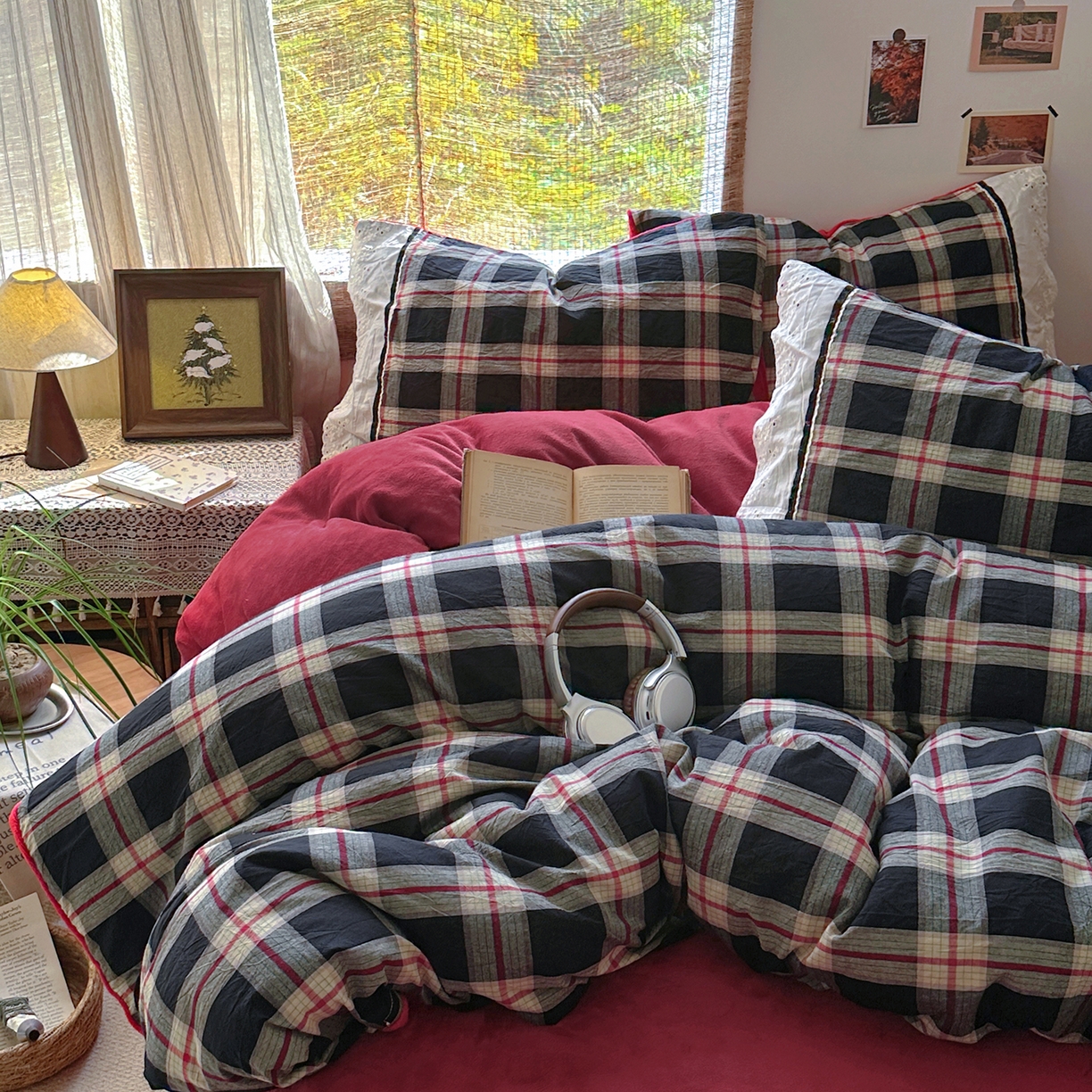 91家纺网 家纺一手货源 找家纺 花漾家居 2025新款无印风格条全棉纯棉色织水洗棉拼牛奶绒套件学生宿舍被套三件套四件套 木槿