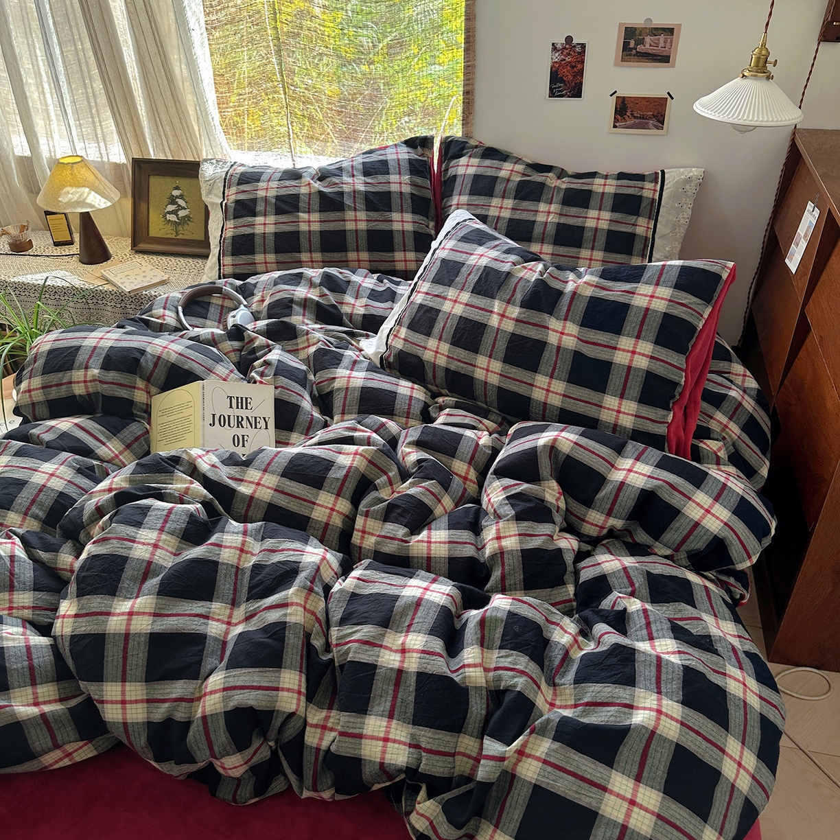 91家纺网 家纺一手货源 找家纺 花漾家居 2025新款无印风格条全棉纯棉色织水洗棉拼牛奶绒套件学生宿舍被套三件套四件套 木槿