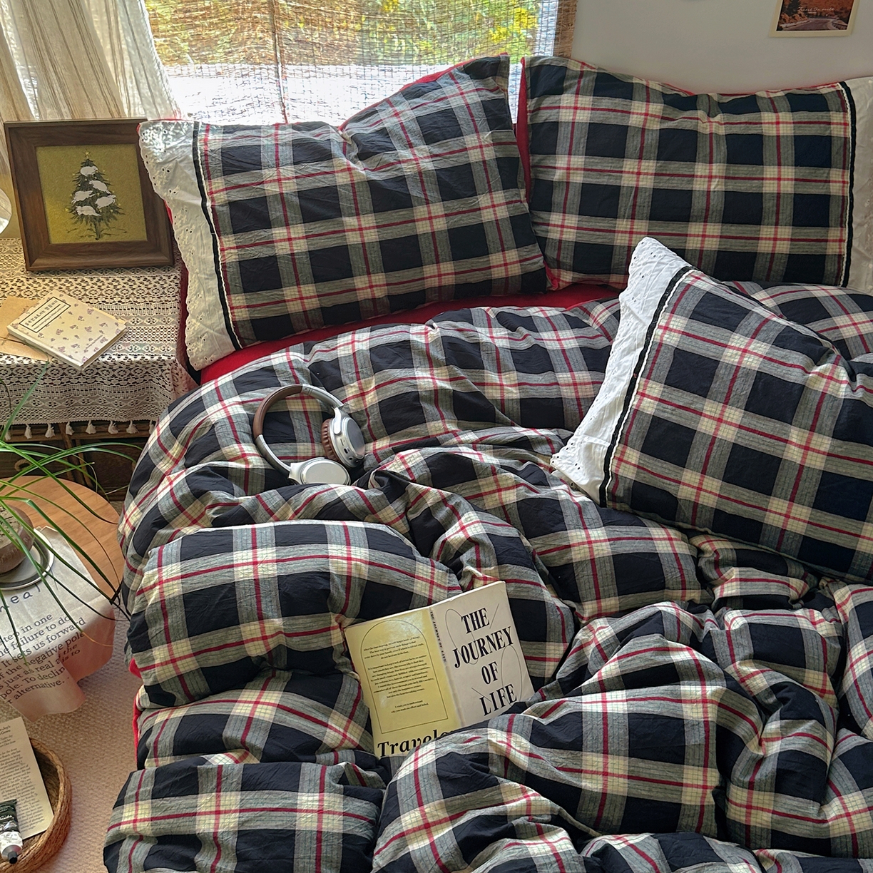 91家纺网 家纺一手货源 找家纺 花漾家居 2025新款无印风格条全棉纯棉色织水洗棉拼牛奶绒套件学生宿舍被套三件套四件套 木槿