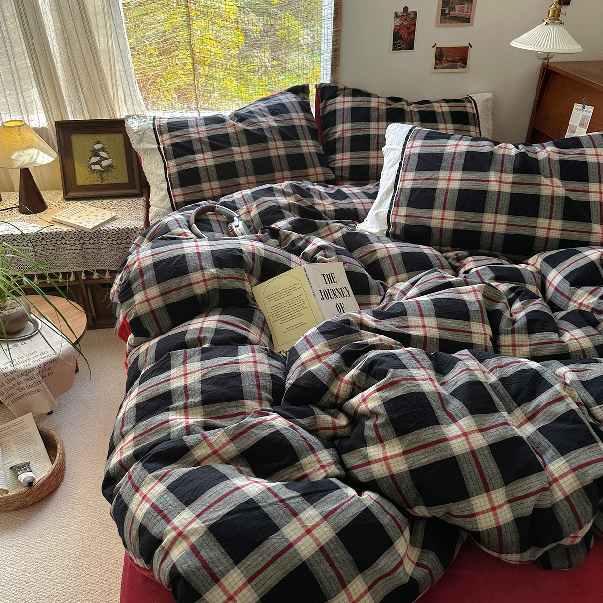 91家纺网 家纺一手货源 找家纺 花漾家居 2025新款无印风格条全棉纯棉色织水洗棉拼牛奶绒套件学生宿舍被套三件套四件套 木槿