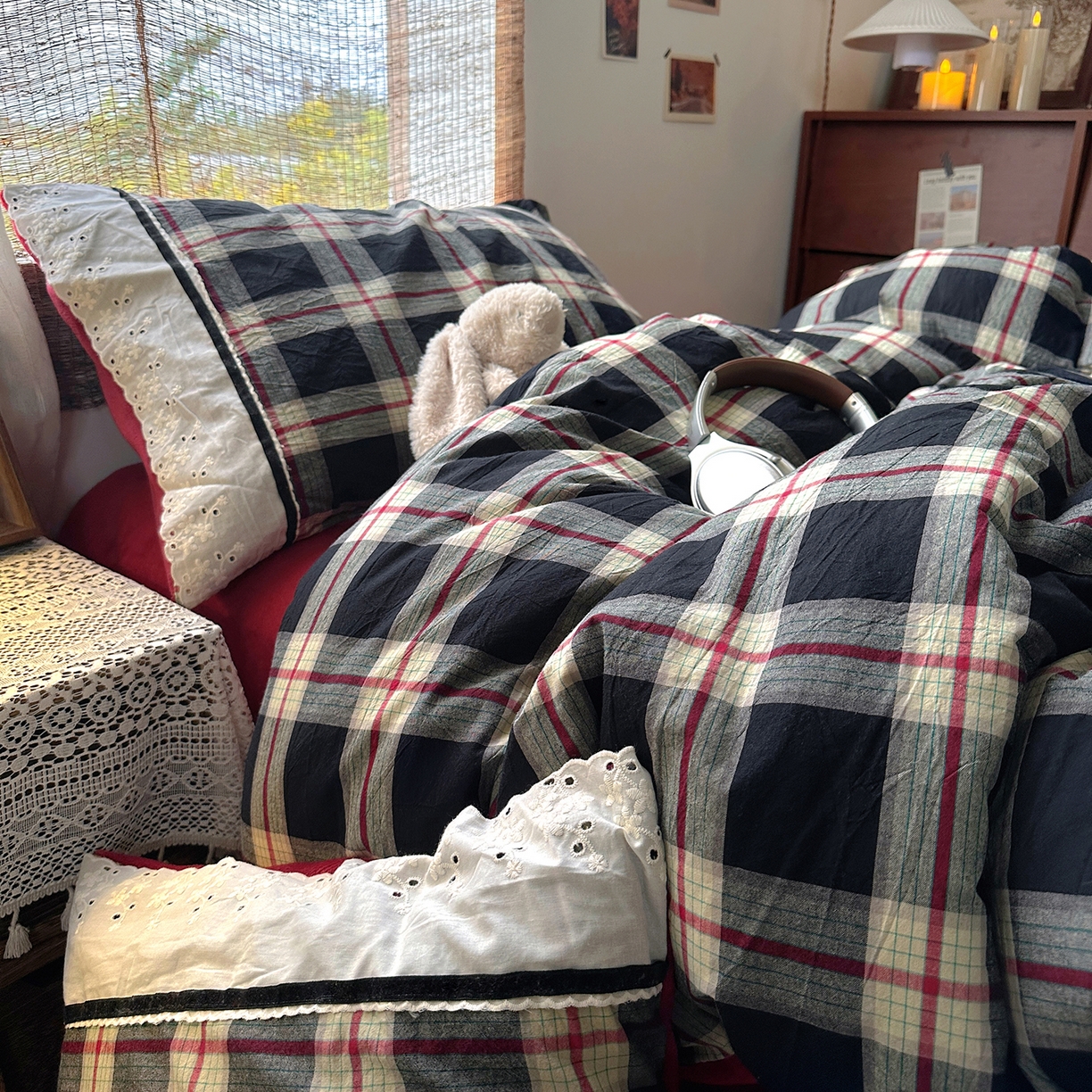 91家纺网 家纺一手货源 找家纺 花漾家居 2025新款无印风格条全棉纯棉色织水洗棉拼牛奶绒套件学生宿舍被套三件套四件套 木槿