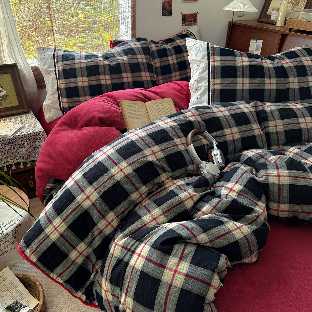 91家纺网 家纺一手货源 找家纺 花漾家居 2025新款无印风格条全棉纯棉色织水洗棉拼牛奶绒套件学生宿舍被套三件套四件套 木槿