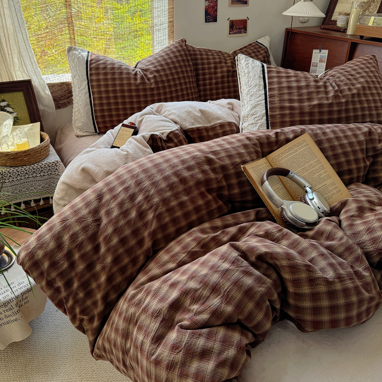 91家纺网 家纺一手货源 找家纺 花漾家居 2025新款无印风格条全棉纯棉色织水洗棉拼牛奶绒套件学生宿舍被套三件套四件套 奶茶可可