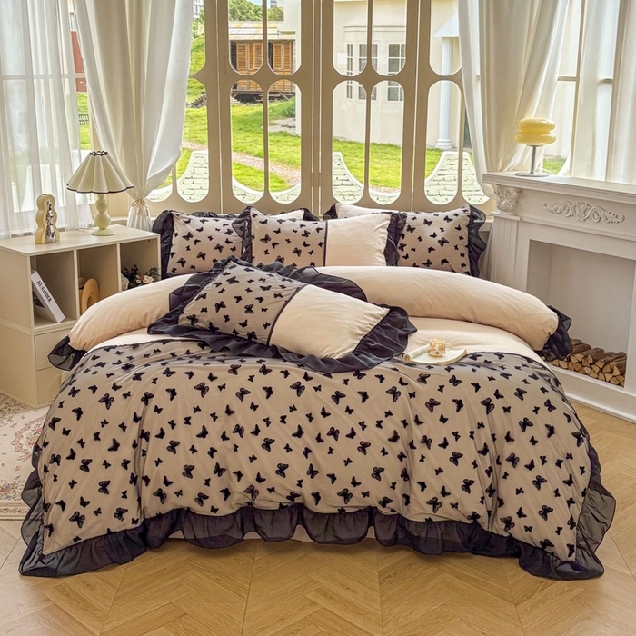 韩秀家纺 2025新款高端奢华法式加厚牛奶绒床裙四件套蝴蝶蕾丝花边高克重珊瑚绒夹棉床盖床笠 牛奶绒-蝴蝶咖