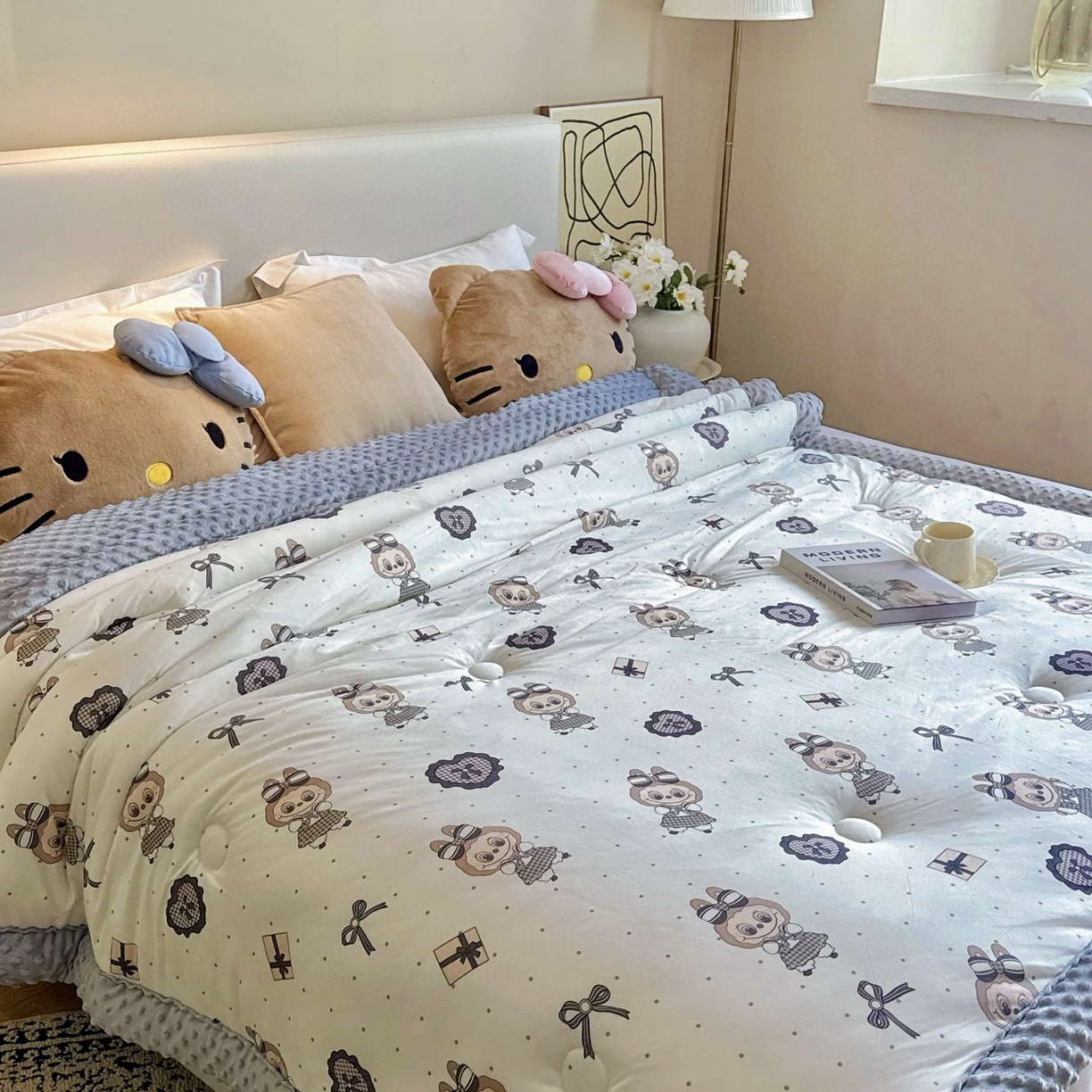 91家纺网 家纺一手货源 找家纺 兜米家居 2025新品秋冬母婴针织豆豆绒被纯手工包边卡通立体豆豆绒保暖被子被芯 拉兔兔