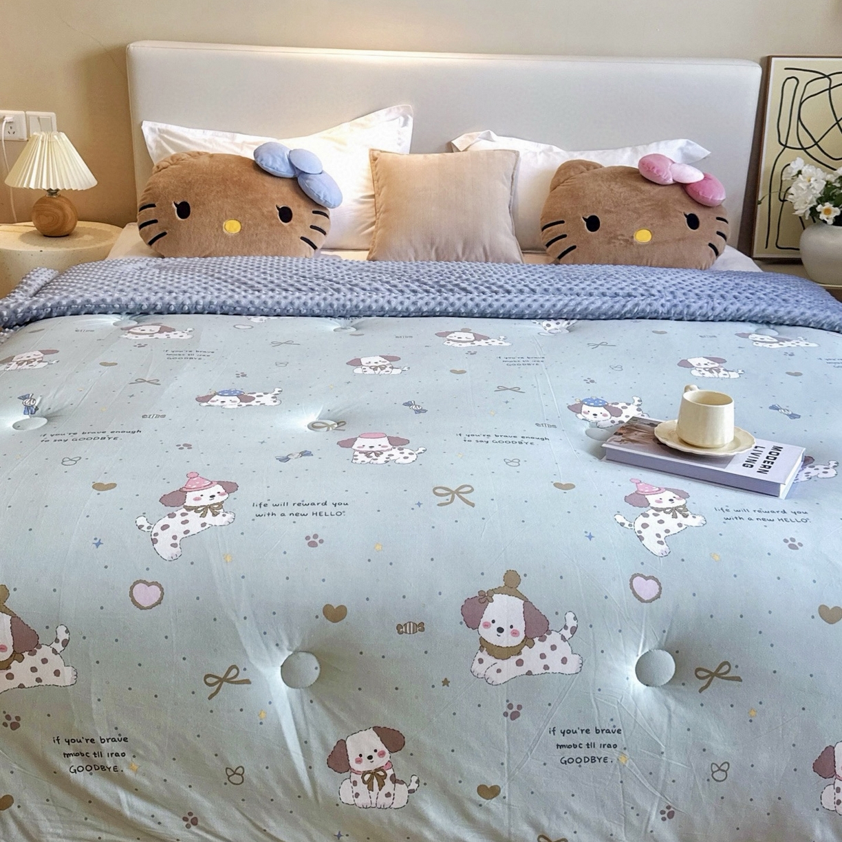 91家纺网 家纺一手货源 找家纺 兜米家居 2025新品秋冬母婴针织豆豆绒被纯手工包边卡通立体豆豆绒保暖被子被芯 萌宠小狗